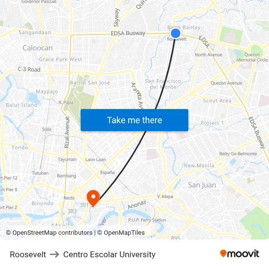 Roosevelt to Centro Escolar University map