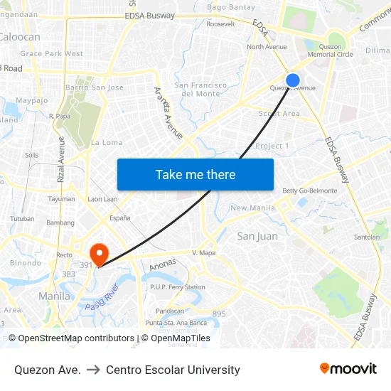 Quezon Ave. to Centro Escolar University map