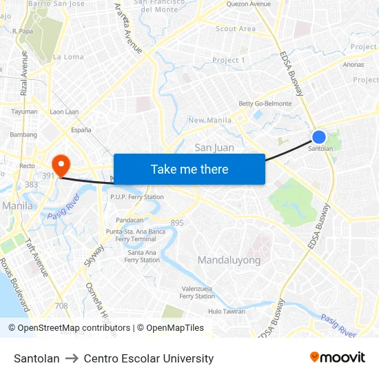 Santolan to Centro Escolar University map