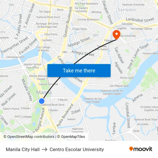 Manila City Hall to Centro Escolar University map