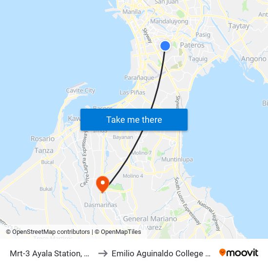 Mrt-3 Ayala Station, Makati City, Manila to Emilio Aguinaldo College Medical Center-Cavite map