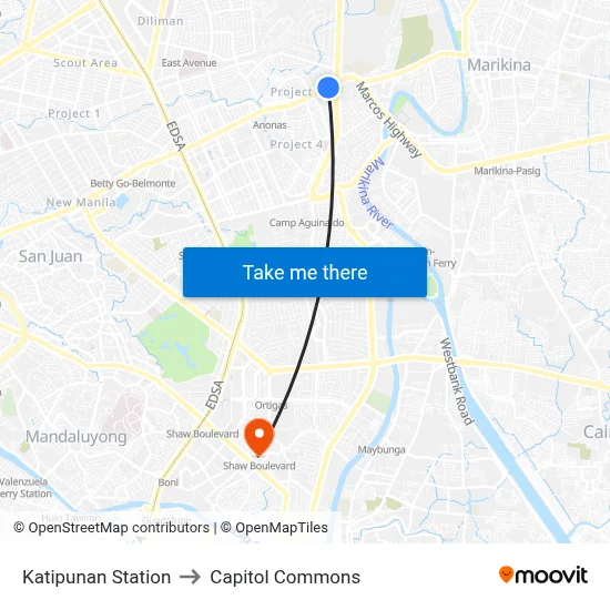 Katipunan Station to Capitol Commons map