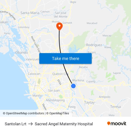 Santolan Lrt to Sacred Angel Maternity Hospital map