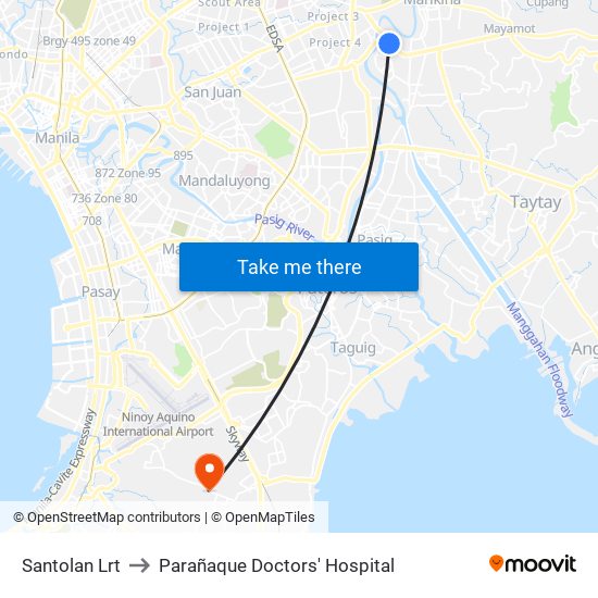 Santolan Lrt to Parañaque Doctors' Hospital map