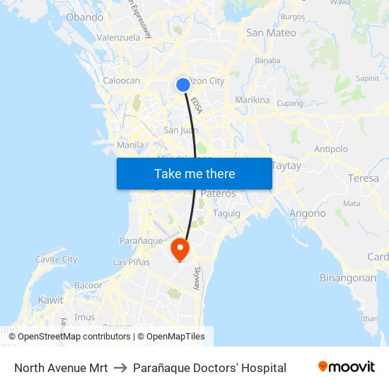 North Avenue Mrt to Parañaque Doctors' Hospital map