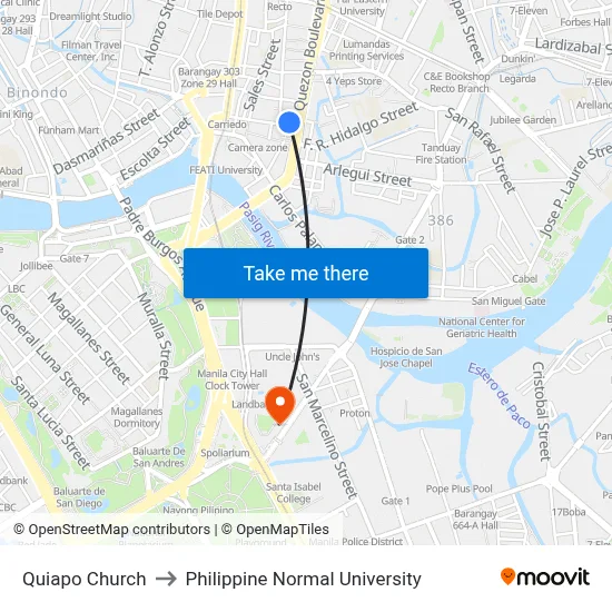 Quiapo Church to Philippine Normal University map