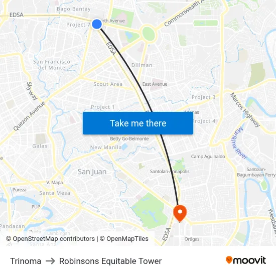 Trinoma to Robinsons Equitable Tower map