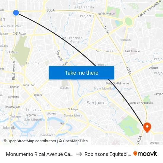 Monumento Rizal Avenue Caloocan City to Robinsons Equitable Tower map