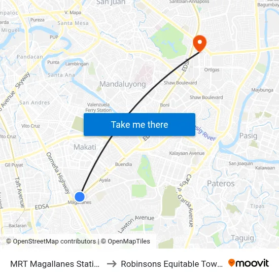MRT Magallanes Station to Robinsons Equitable Tower map