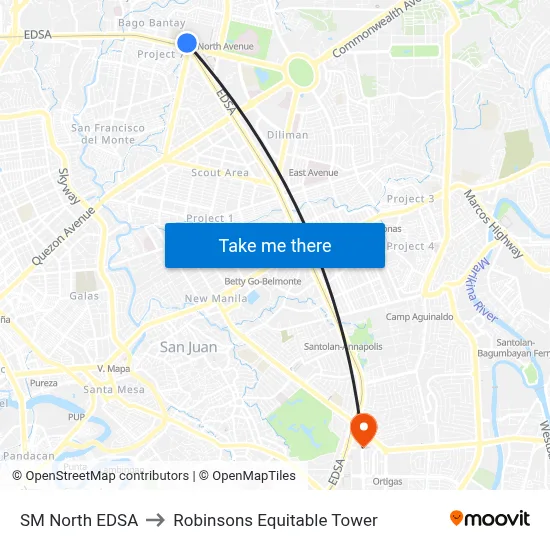 SM North EDSA to Robinsons Equitable Tower map