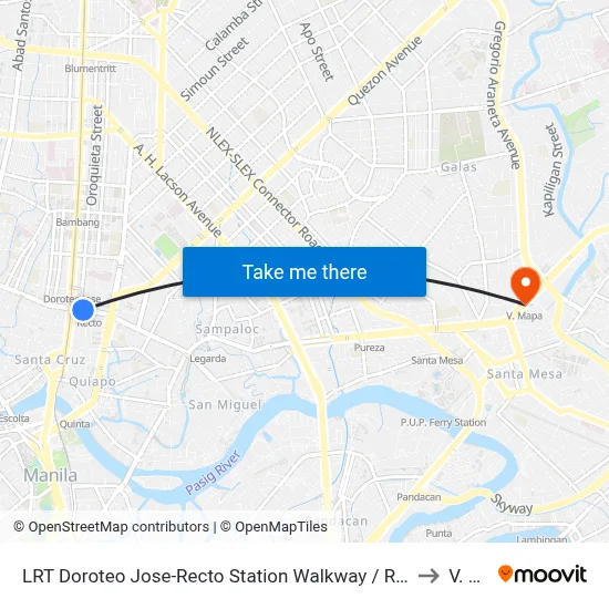 LRT Doroteo Jose-Recto Station Walkway / Rizal Avenue Intersection, Manila to V. Mapa map