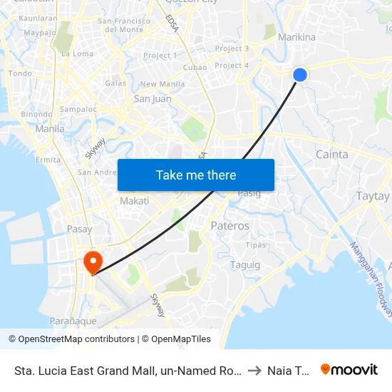Sta. Lucia East Grand Mall, un-Named Road Near Felix Road, Cainta, Manila to Naia Terminal 4 map