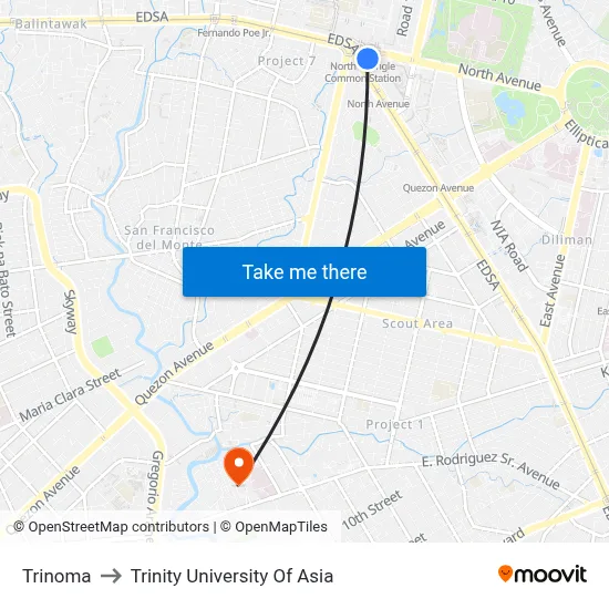 Trinoma to Trinity University Of Asia map