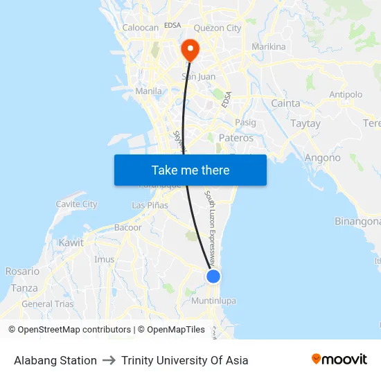 Alabang Station to Trinity University Of Asia map