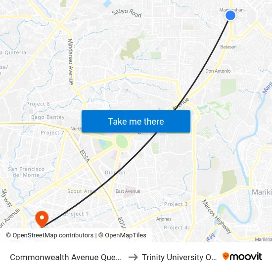 Commonwealth Avenue Quezon City to Trinity University Of Asia map