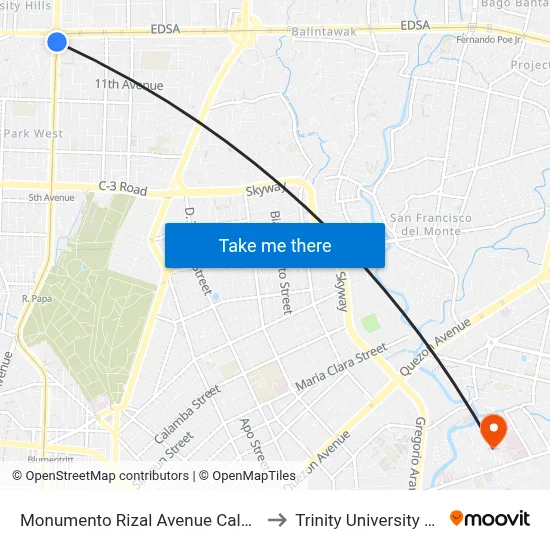Monumento Rizal Avenue Caloocan City to Trinity University Of Asia map