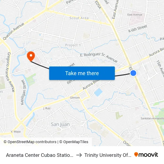 Araneta Center Cubao Station MRT to Trinity University Of Asia map