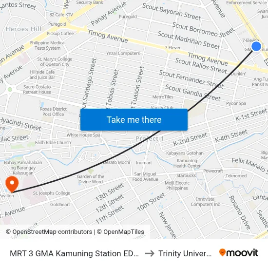 MRT 3 GMA Kamuning Station EDSA Quezon City Manila to Trinity University Of Asia map