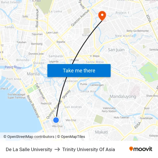 De La Salle University to Trinity University Of Asia map
