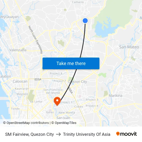 SM Fairview, Quezon City to Trinity University Of Asia map