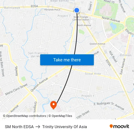 SM North EDSA to Trinity University Of Asia map