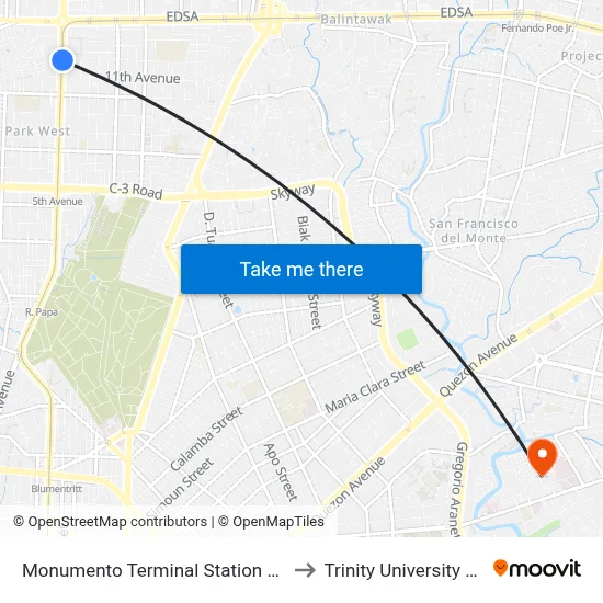 Monumento Terminal Station LRT Line 1 to Trinity University Of Asia map
