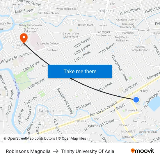 Robinsons Magnolia to Trinity University Of Asia map