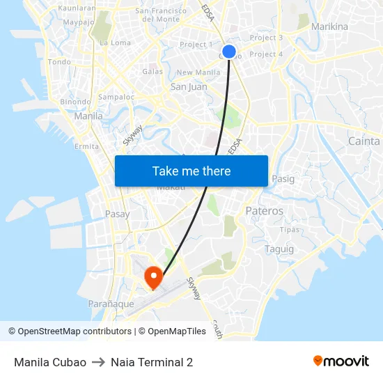 Manila Cubao to Naia Terminal 2 map