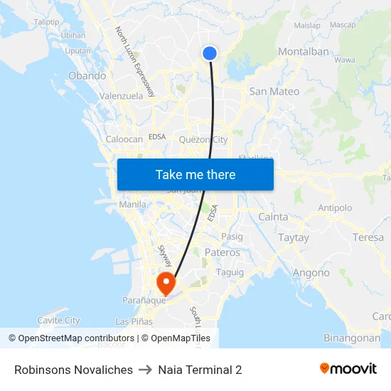 Robinsons Novaliches to Naia Terminal 2 map