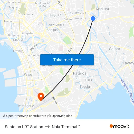 Santolan LRT Station to Naia Terminal 2 map