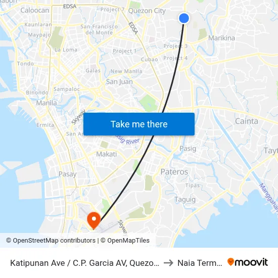 Katipunan Ave / C.P. Garcia AV, Quezon City, Manila to Naia Terminal 2 map