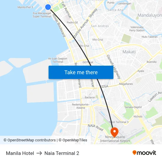 Manila Hotel to Naia Terminal 2 map