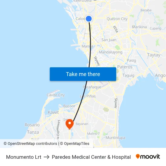 Monumento Lrt to Paredes Medical Center & Hospital map