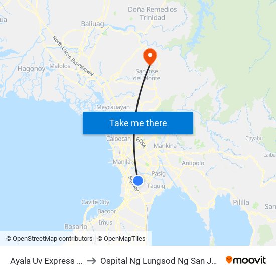 Ayala Uv Express Terminal to Ospital Ng Lungsod Ng San Jose Del Monte map