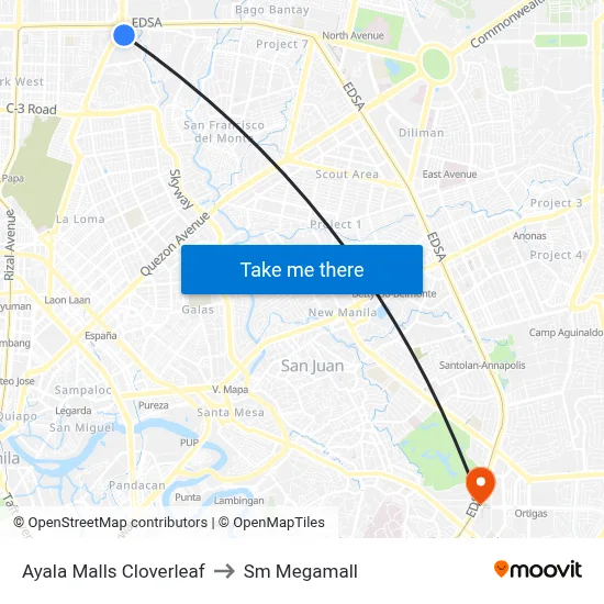 Ayala Malls Cloverleaf to Sm Megamall map