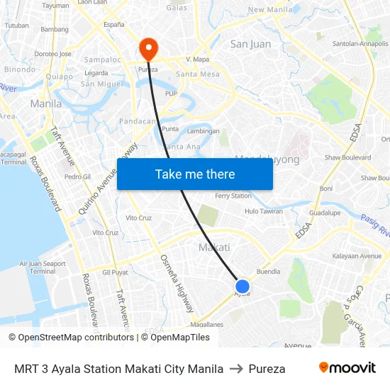 MRT 3 Ayala Station Makati City Manila to Pureza map
