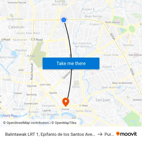 Balintawak LRT 1, Epifanio de los Santos Ave, Quezon City, Manila to Pureza map