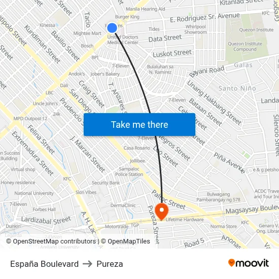 España Boulevard to Pureza map