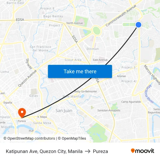 Katipunan Ave, Quezon City, Manila to Pureza map