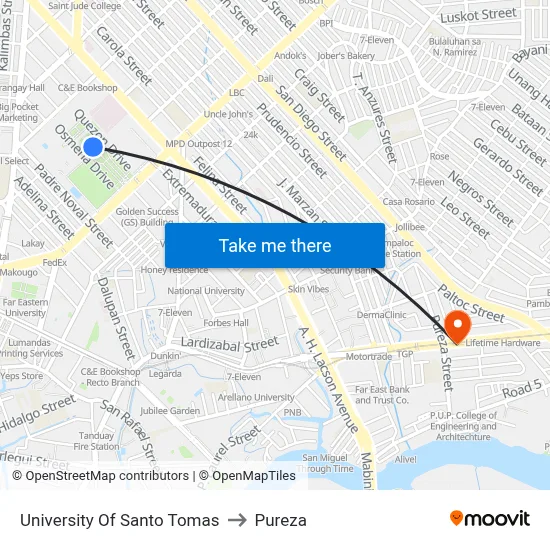 University Of Santo Tomas to Pureza map