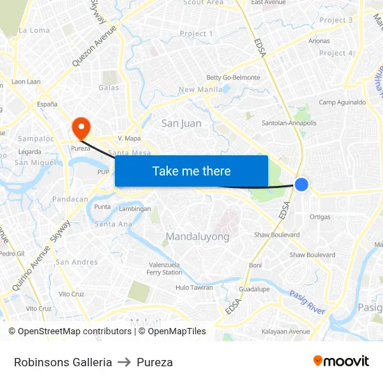 Robinsons Galleria to Pureza map