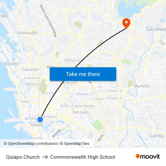 Quiapo Church to Commonwealth High School map