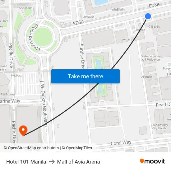 Hotel 101 Manila to Mall of Asia Arena map