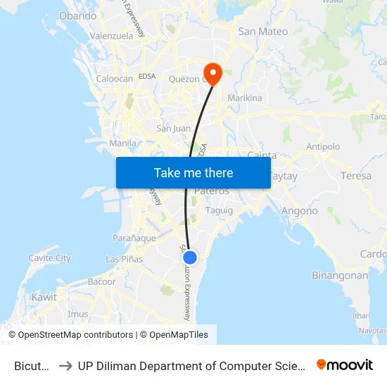 Bicutan to UP Diliman Department of Computer Science map