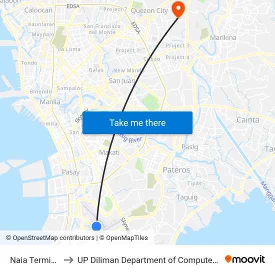 Naia Terminal 2 to UP Diliman Department of Computer Science map