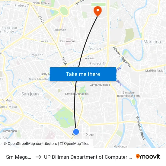 Sm Megamall to UP Diliman Department of Computer Science map