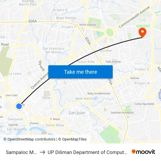 Sampaloc Manila to UP Diliman Department of Computer Science map