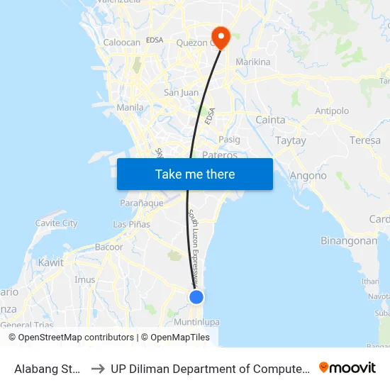 Alabang Station to UP Diliman Department of Computer Science map