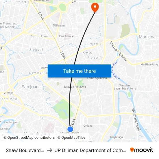 Shaw Boulevard Station to UP Diliman Department of Computer Science map