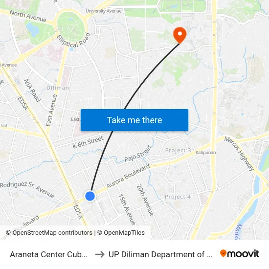 Araneta Center Cubao Station LRT to UP Diliman Department of Computer Science map